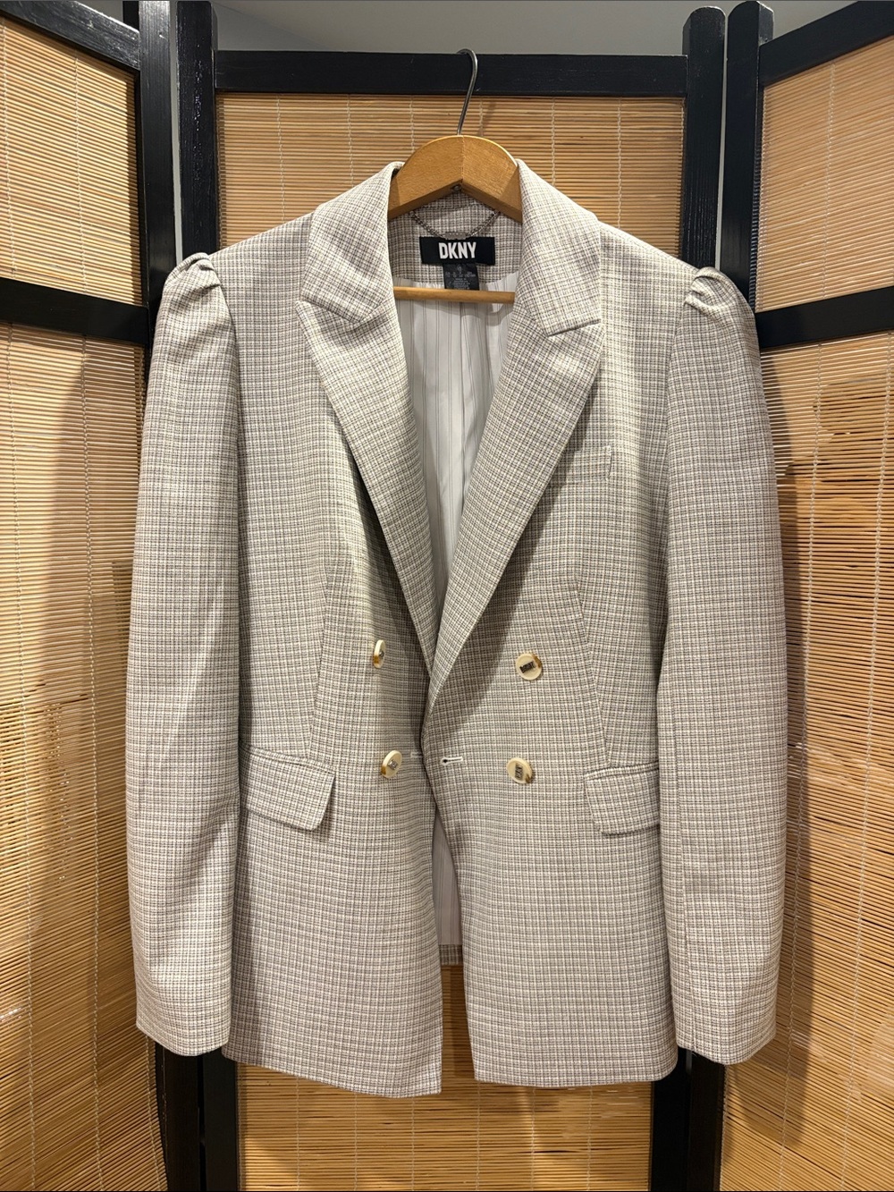 DKNY Cream Plaid Double-Breasted Blazer with Gold Buttons